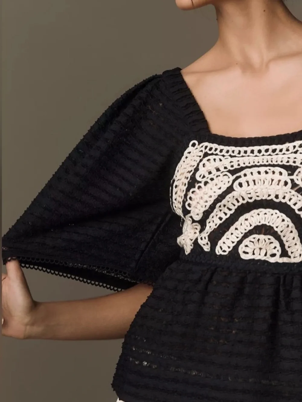 Sarah Hann x Anthropologie Black & Cream Flutter Sleeve Crochet Top - Small